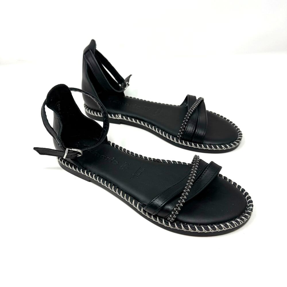 Tamaris Black Leather Sandals 39 7.5 Ankle Strap Boho Bohemian Festival Indie